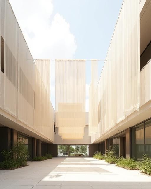 Una installazione di pannelli tessili sospesi in un cortile moderno.