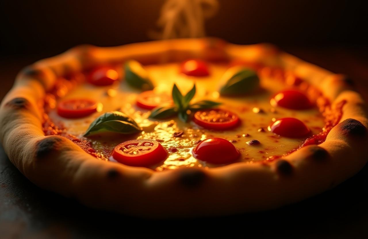 A close-up of a freshly baked Neapolitan pizza with basil and mozzarella.