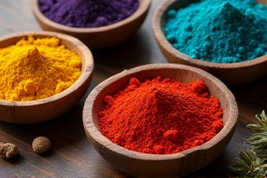 Ciotole di legno contenenti pigmenti colorati in polvere per la tintura.